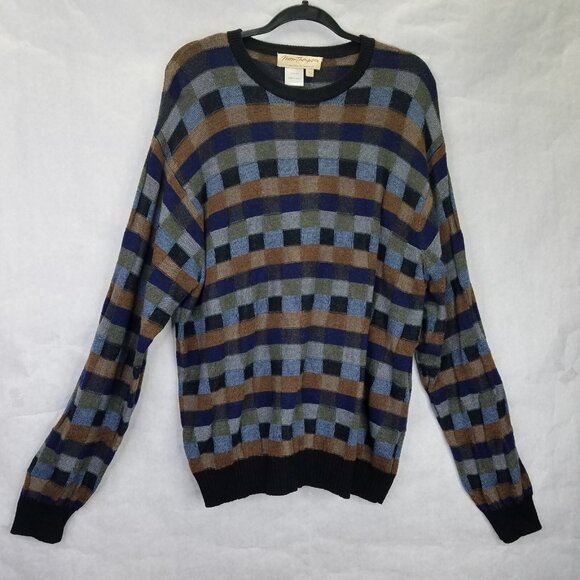 Norm Thompson Wool Sweater Men's XL Colorful 3-D Knit Square Pullover Crewneck - Picture 2 of 11